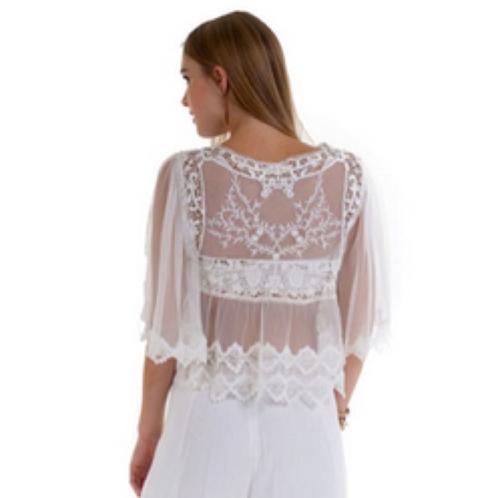 Sheer Romantic Lace Embroidered Gypsy Bride Mesh Bell Sleeve Blouse Top Small - Picture 12 of 12